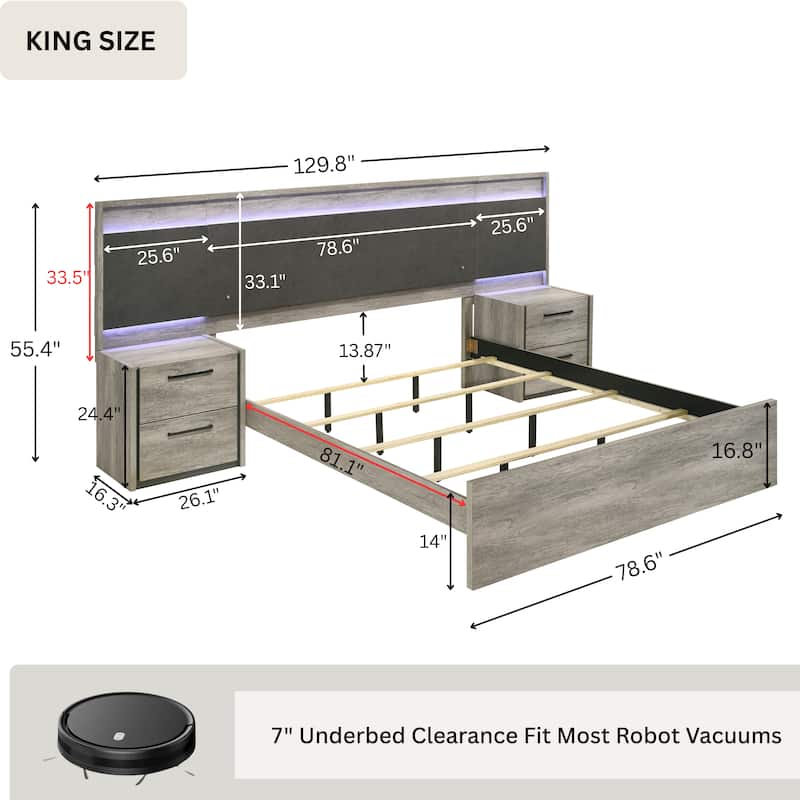 Roundhill Furniture Lenca LED Wallbed with Nightstands - Weathered Gray
