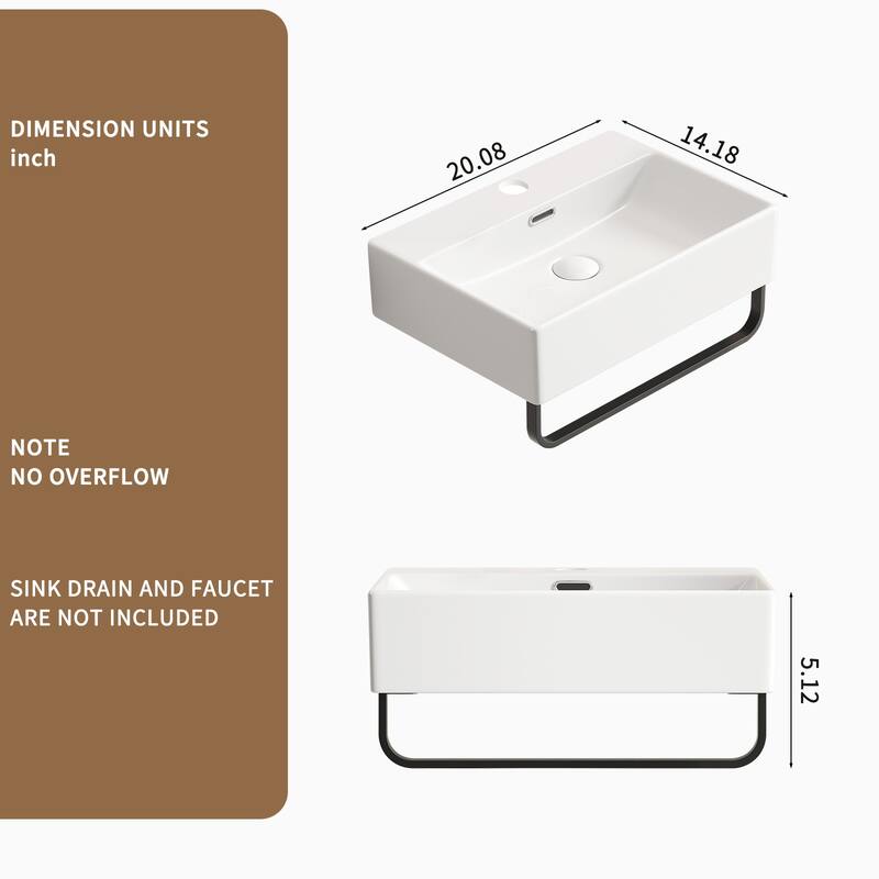 GDFStudio - Vale Modern Ceramic Wall Mounted Vessel Sink with Integrated Towel Bar and Faucet Hole