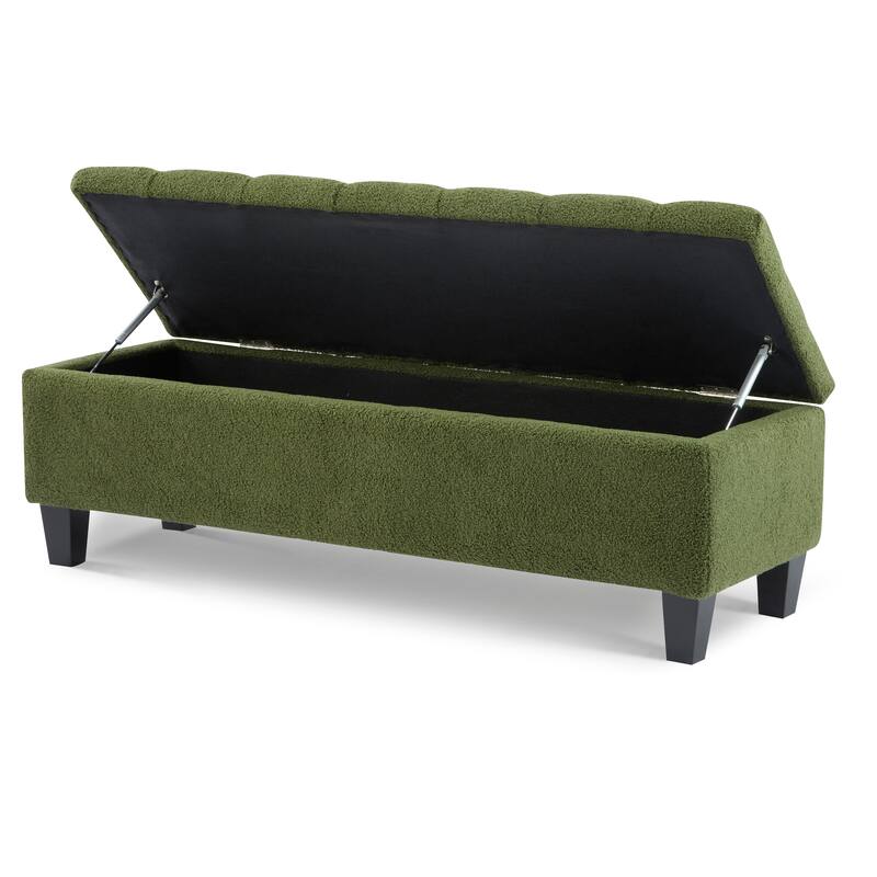 Green Boucle Ottoman Bench with Rubber Wood Legs, 300 lbs Capacity