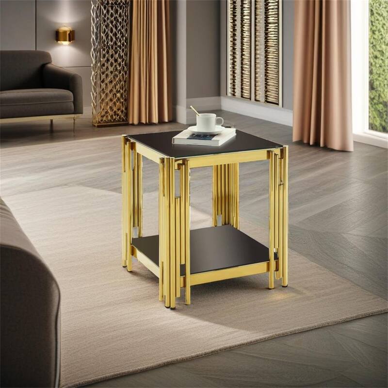 Woker Furniture 20" Wide Square End Table with Black Glass Top - Polished Golden
