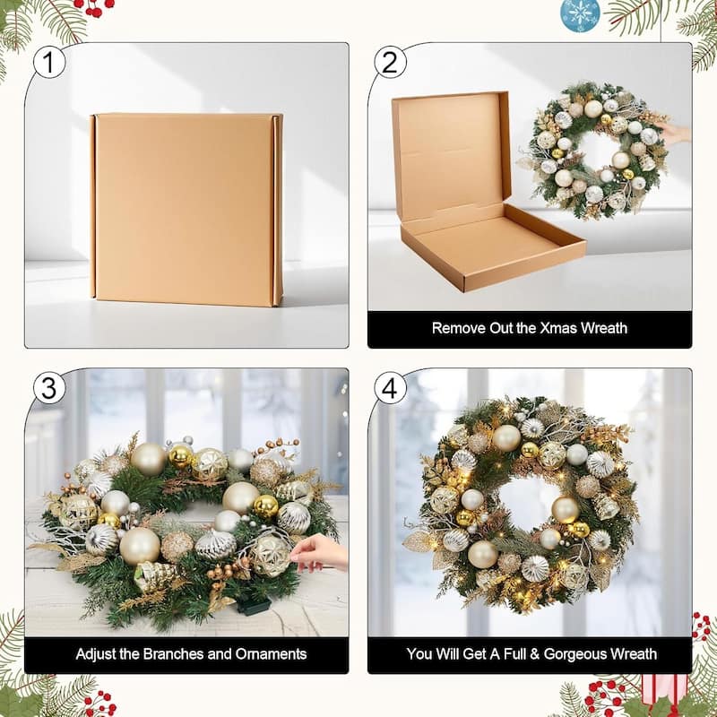 24 Inch Lighted Christmas Wreath for Front Door Decor - N/A