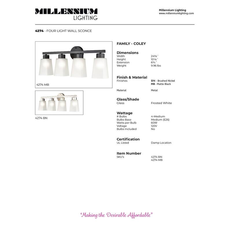 Millennium Lighting Coley 4 Light Vanity Fixture in Brushed Nicekl or Matte Black with Frost Glass Shades