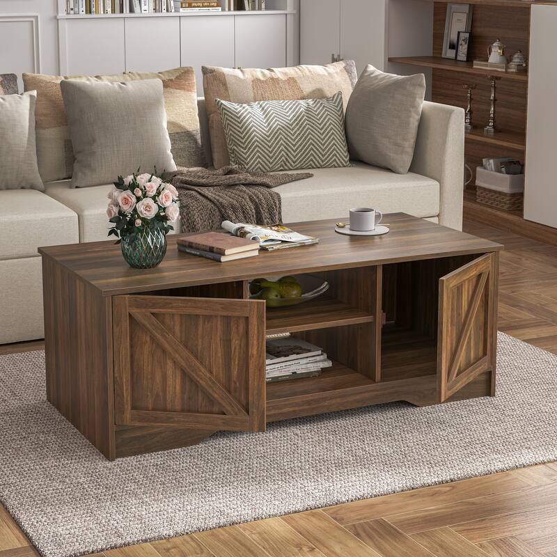 47" Rustic Farmhouse Coffee Table with Storage & Sliding Doors