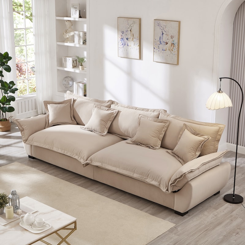 Modular Spacious Deep Seating Velvet Sofa with Storage, Removable Cushion Covers, Pillow Top Arms, Solid Wood Frame and Pillows - Light Khaki