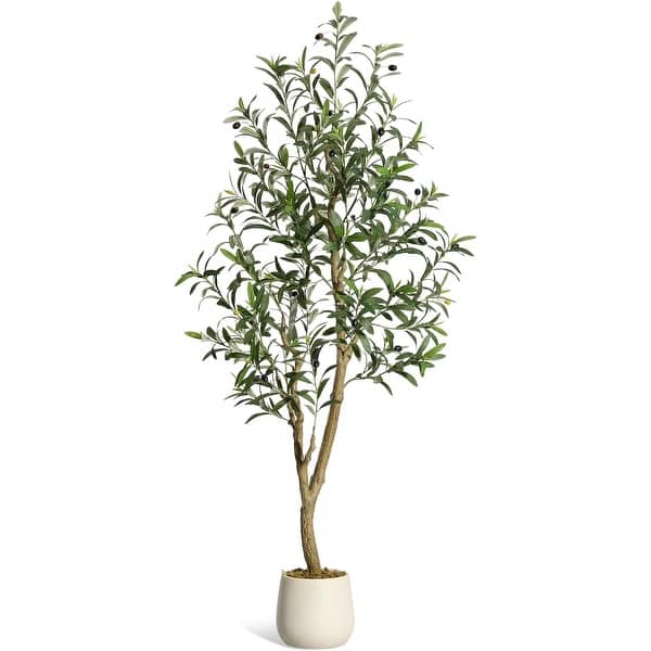 slide 2 of 24, Artificial Olive Tree, Faux Silk Plant with White Planter, Natural Trunk & Fruits for Home or Office Decor, 1 Pack 5FT