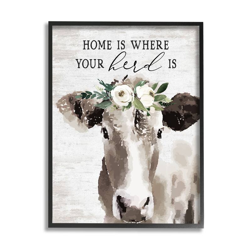 Stupell Home's Where Your Herd Is Boho Floral Cow Framed Wall Art - 24 x 30 - Black