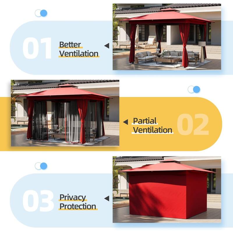 EROMMY Outdoor Gazebo with Double Roof, Heavy Duty Patio Canopy Tent with Netting and Curtains.