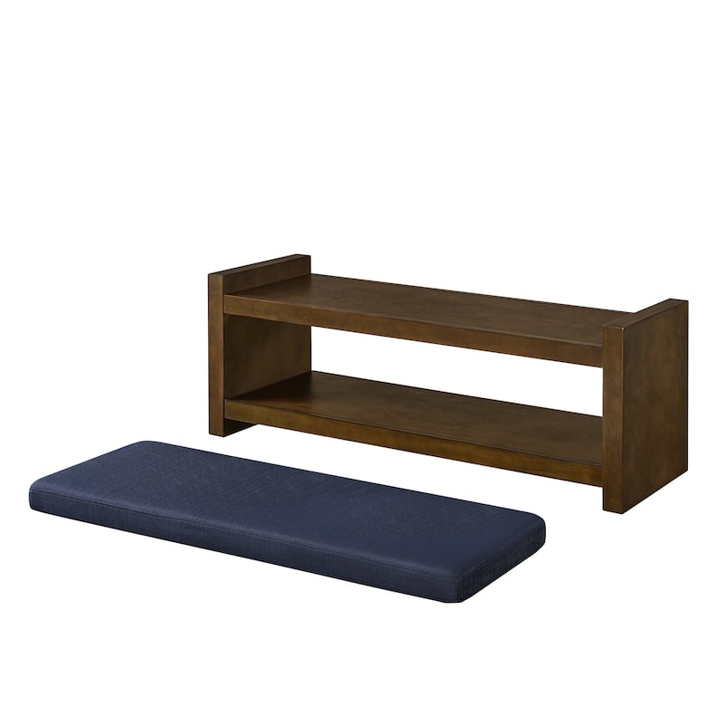 Entryway Storage Bench with Lower Shelf, End of Bed Bench with Wooden Frame Bedroom Linen Upholstered Storage Bench