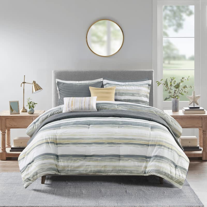 Madison Park Anchorage 8 Piece Printed Seersucker Comforter and Quilt Set Collection - Yellow - Queen