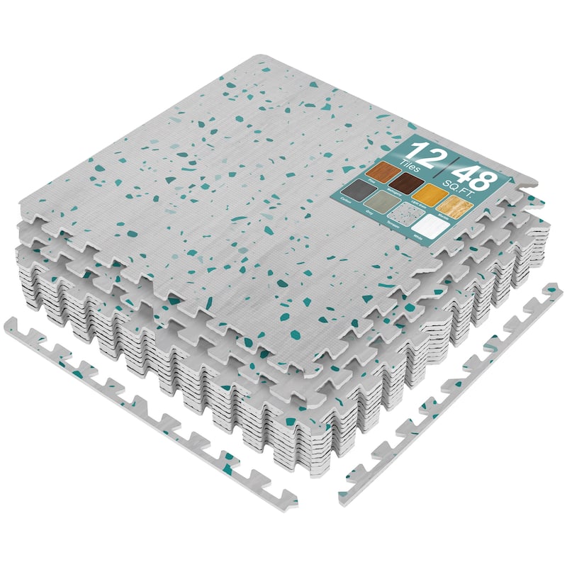 Interlocking Floor Mat - Gray Wood Print, 12 Pieces and Borders - Light Terrazzo