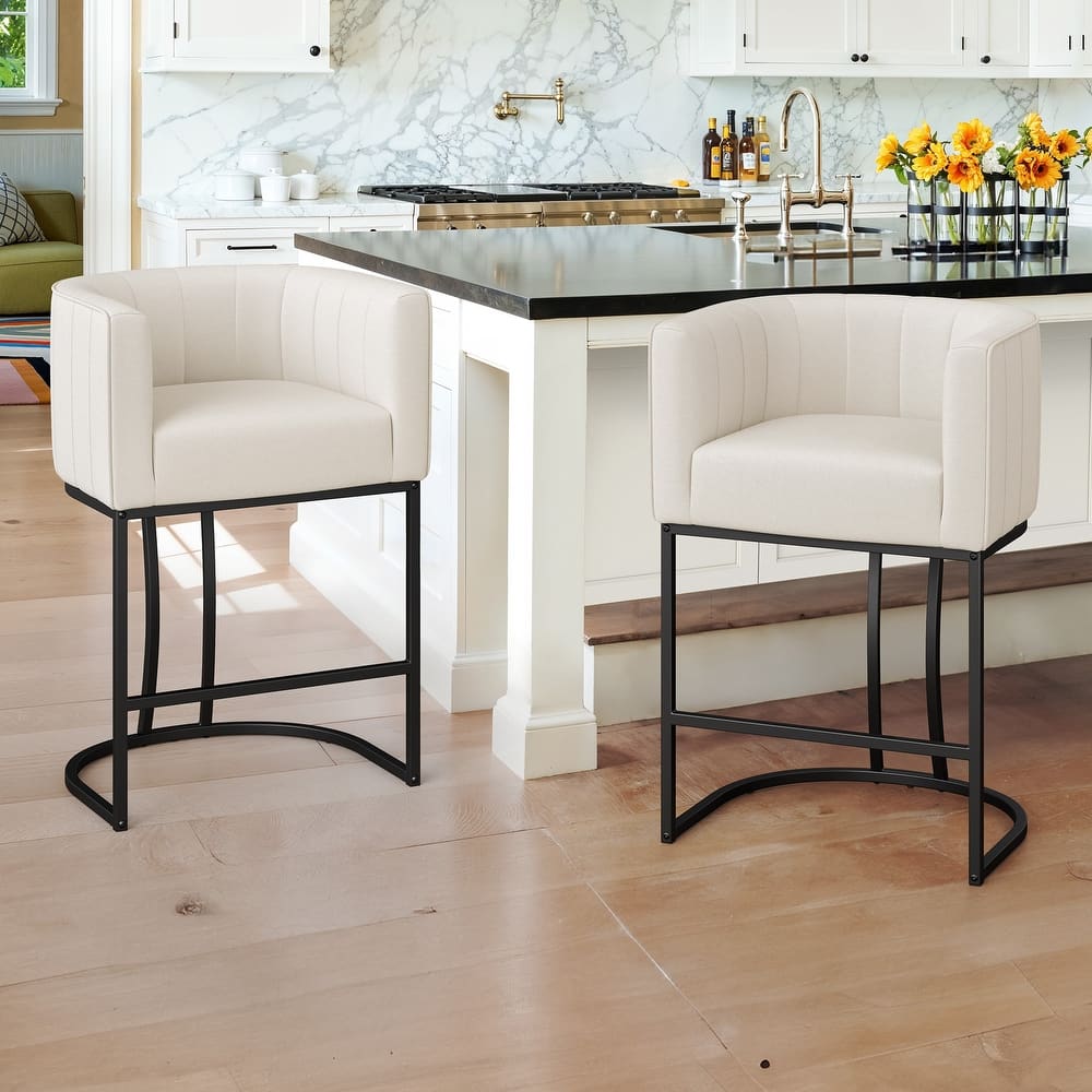Modern 26.in Low Back Counter Height Barstools Upholstered/PU Leather Barrel Set of 2 Bar Stools with Metal Frame