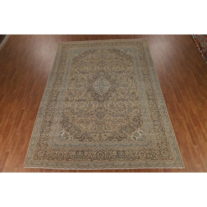Traditional Mashad Persian Vintage Rug Bedroom Handmade Wool Carpet - 9'6" x 13'3"