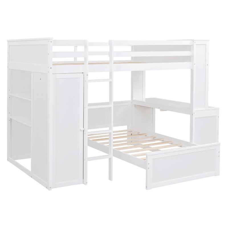 Space-Saving Full Size Loft Bed with Twin Bed, Shelves, Desk, and Wardrobe in White
