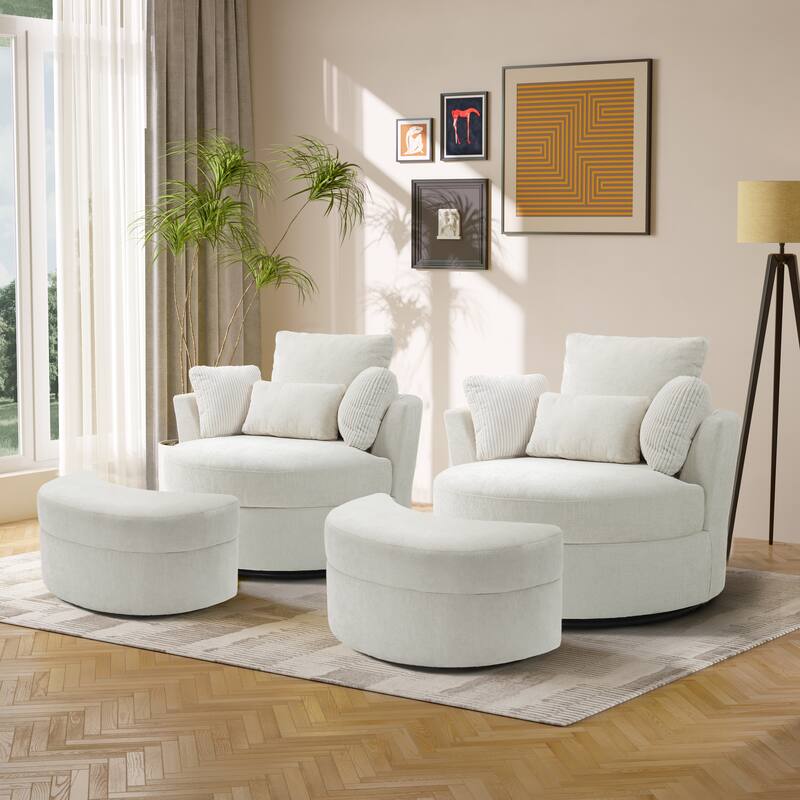 Upholstered Swivel Accent Barrel Chair And Storage Ottoman Sets - Corduroy Pillow&Chenille Chair - Beige