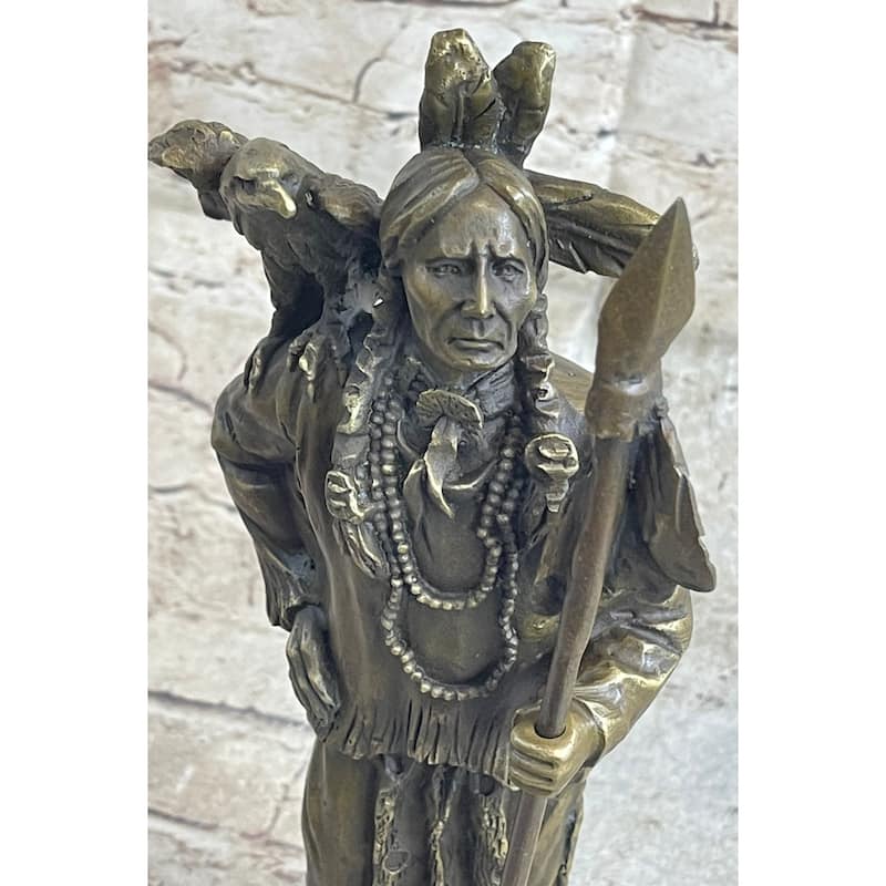 Native American Warrior And Eagle Sculpture Signed Original M. Lopez Bronze