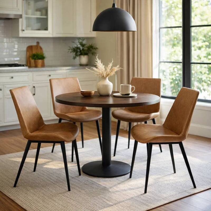 21 Inch Set of 2 Dining Chairs, Brown Faux Leather, Angled Black Steel Legs