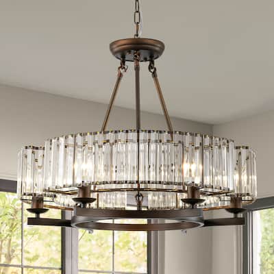 6-Light Mid-Century Modern Aged Bronze Drum Wagon Wheel Chandelier with Crystal Shade - 24.8 in. W x 20.47 in. H