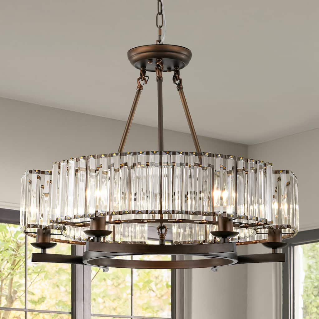 6-Light Mid-Century Modern Aged Bronze Drum Wagon Wheel Chandelier with Crystal Shade - 24.8 in. W x 20.47 in. H