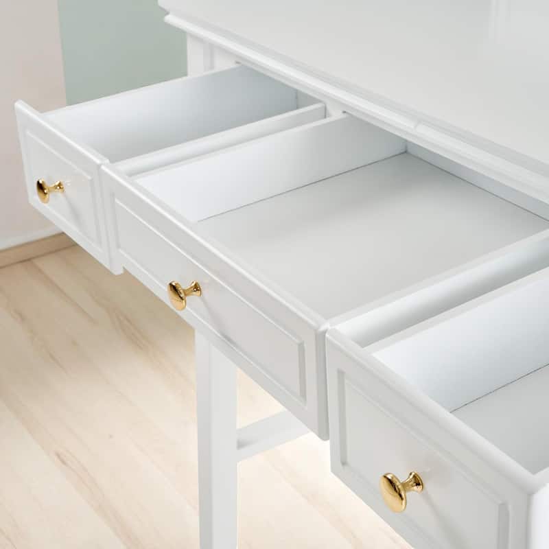 White Makeup Vanity Set with Four-Leaf Reversible Mirror, Drawers & Padded Stool, Space-Saving Dressing Table