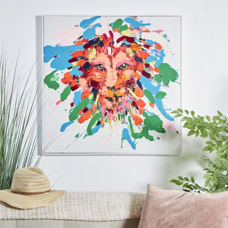 Canvas Lion Abstract Paint Splatter Wall Art with White Frame - Multi Colored - CosmoLiving by Cosmopolitan