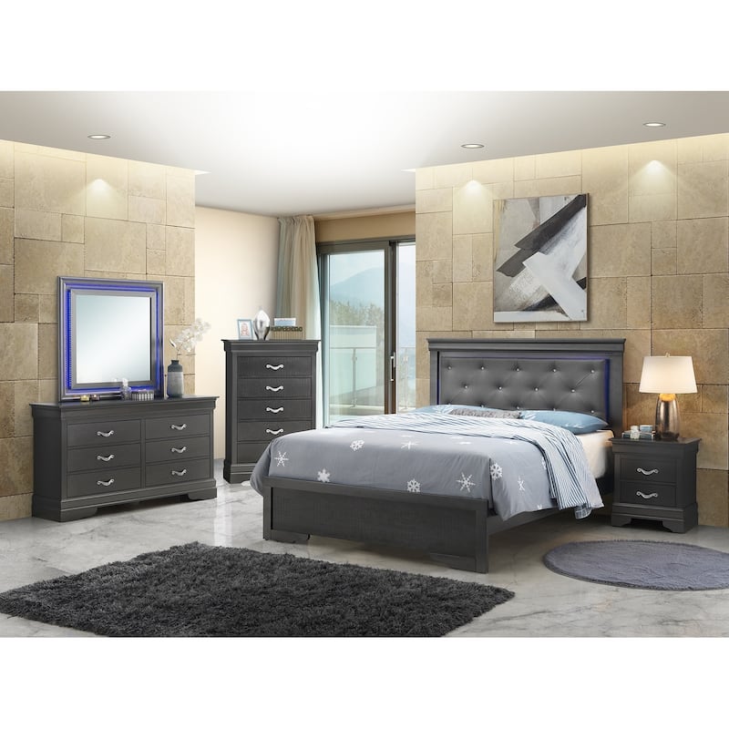 Metallic Upholstered Jewel Tufted Queen Panel Bed with LED Lights - 85" - Black