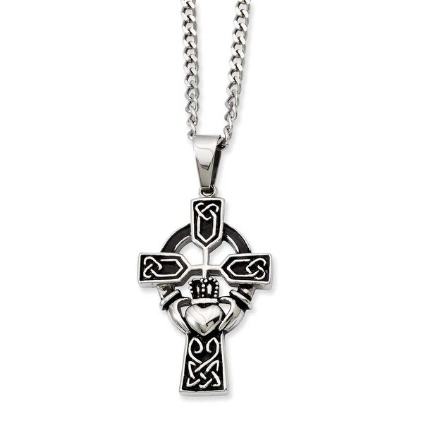 Stainless Steel Antiqued Claddagh Pendant 20in Necklace (2 mm) - 20 in