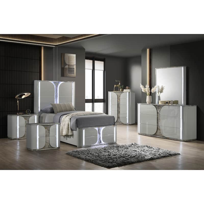 Furniture of America Sherri Modern 6-Piece Light Grey Solid Wood Kids Platform Bedroom Set with LED - Twin