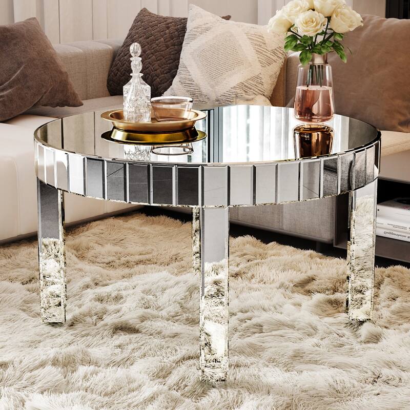 Roomfitters 31.5" Round Mirrored Coffee Table, Fluted Silver Center Table for Living Room, Reflective Glass