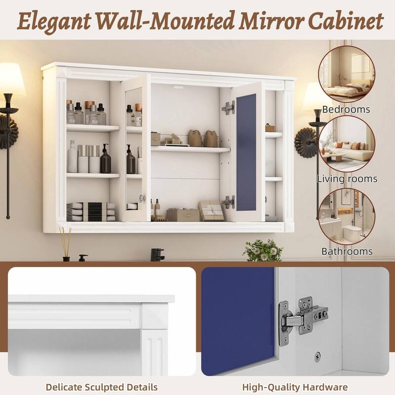 47-Inch Bathroom Mirror Cabinet with Storage, Adjustable Shelf, Open Shelves