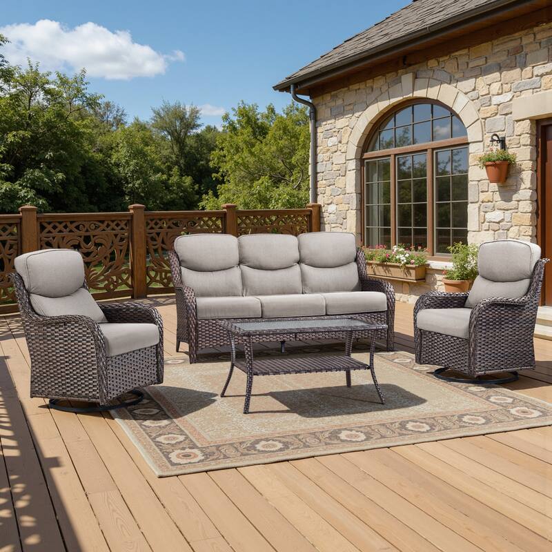Meyreso 4-Piece Wicker Outdoor Patio Conversation Set with 5-Inch Thick Olefin Cushions - Beige Cushions - Brown Wicker