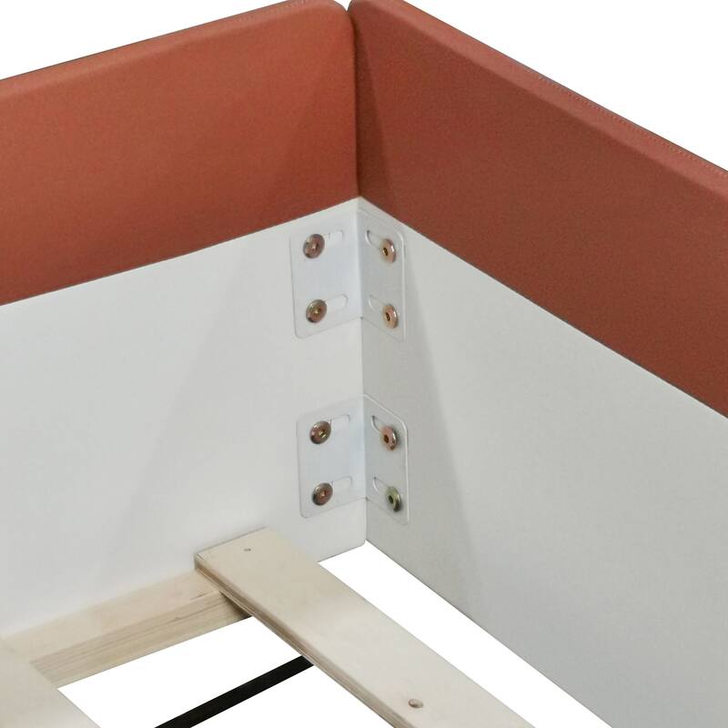 Roomfitters Twin/Full/Queen/King Size Upholstered Daybed Frame with Safety Fence and Stairs, PU Fabric Platform Bed with Slats