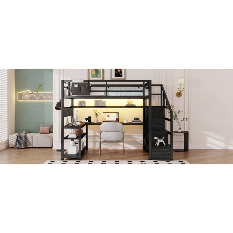 Roomfitters Full Metal Loft Bed, L-Shaped Desk and LED Staircase Wardrobe with Charging Station for Girls Bedroom