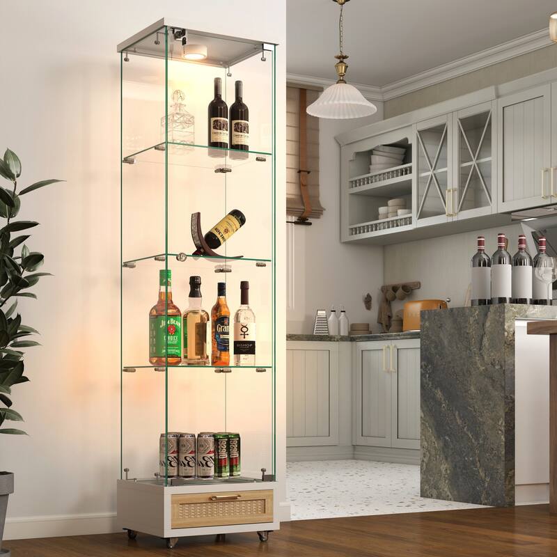 Modern Glass Display Cabinet with Drawer and LED lights for Living Room and Bedroom