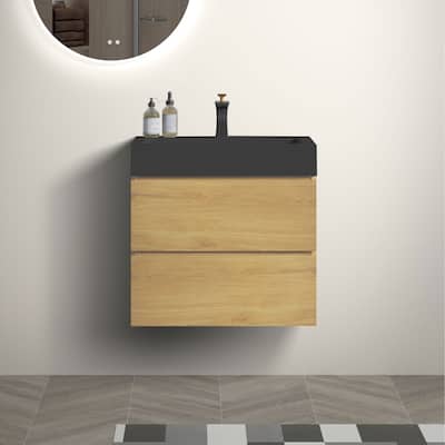 24"Bathroom Vanity with Sink,Storage Wall Mounted Floating Bathroom Vanity,One-Piece Black Sink Basin WITHOUT Drain and Faucet