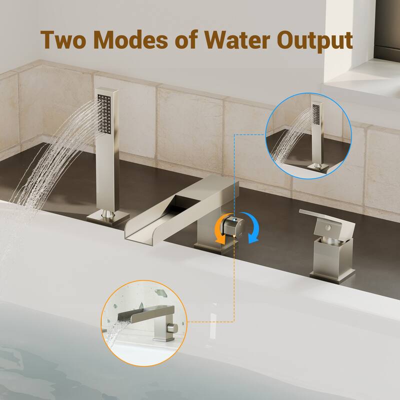 Bathtub Filler Faucet with Sprayer, Double-Handle Deck-Mount Roman Tub Faucet with Handshower, Pressure Balanced Valve Included