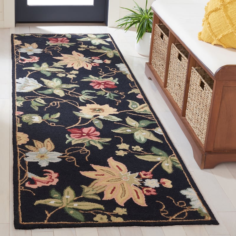 SAFAVIEH Handmade Chelsea Yauhenia French Country Floral Wool Rug - 2'6" x 6' Runner - Black