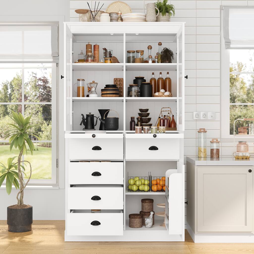 72" Vintage Kitchen Pantry Cabinet with Glass Doors and Coffee Bar Station