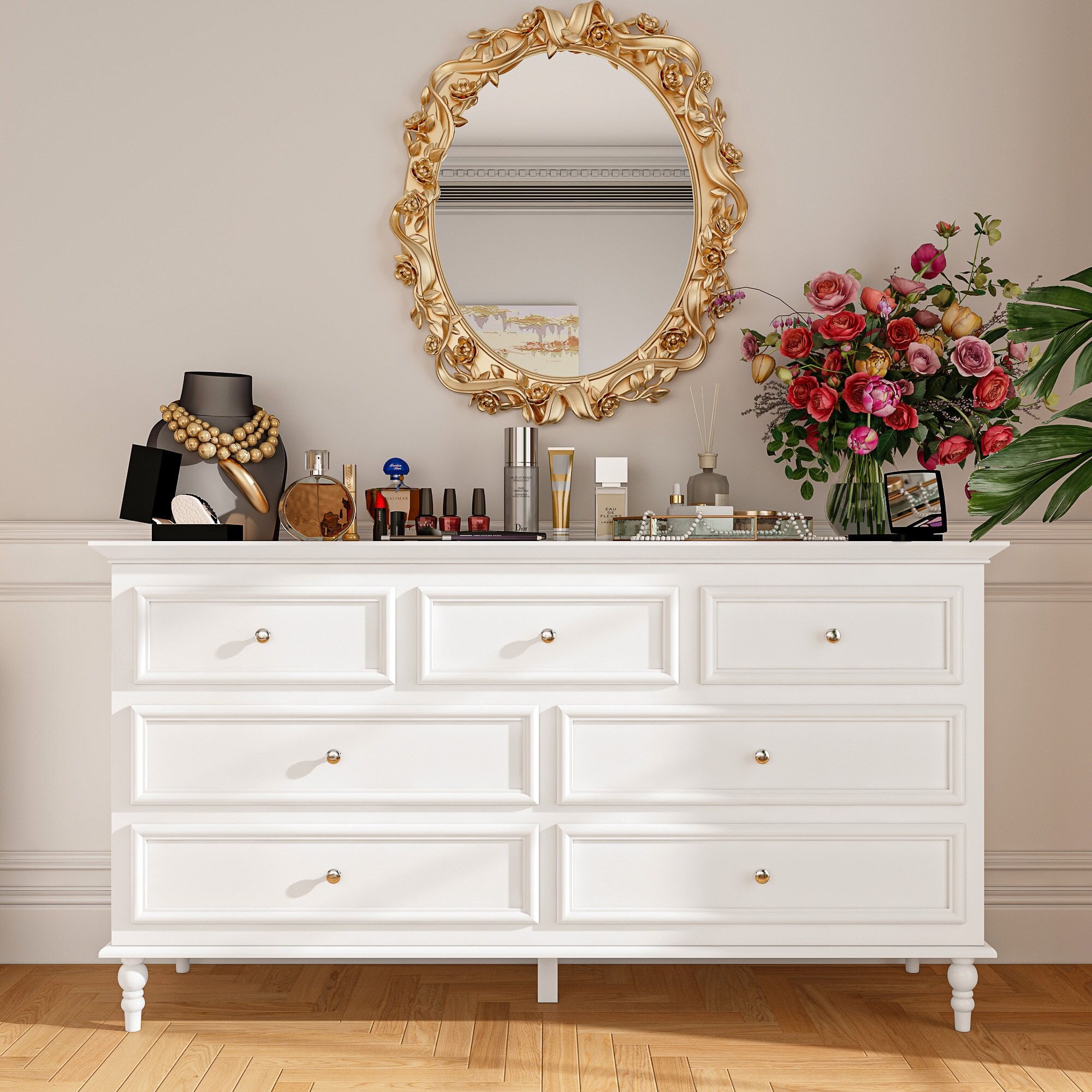 Contemporary 7 Drawer Bedroom Dresser with Modern Silver Color