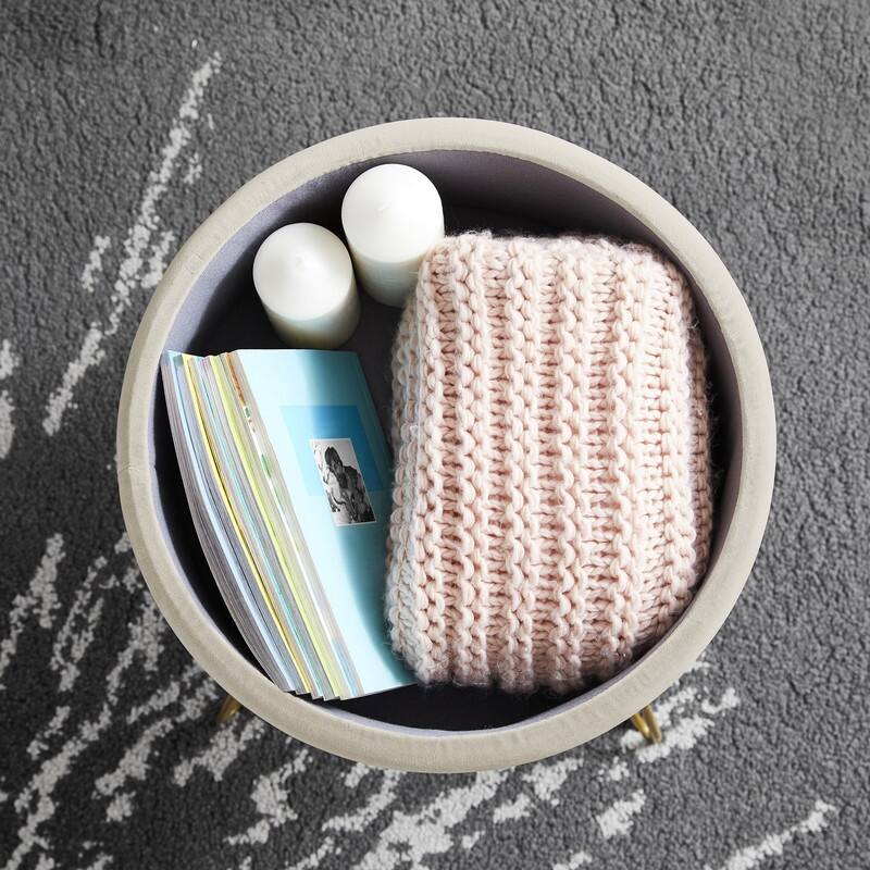 Round Velvet Storage Ottoman with Tray Top Table
