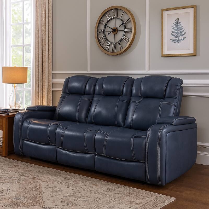 Ezia Power Double Reclining Sofa, Storage Arms, Blue Leather, 84 Inch