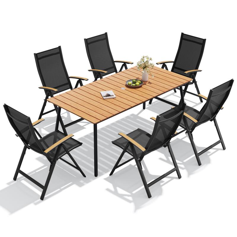 7PC VredHom Outdoor Patio Dining Set Folding Chairs and Dining Table - Set of 7 - Brown-70inchesTable&BlackChairs