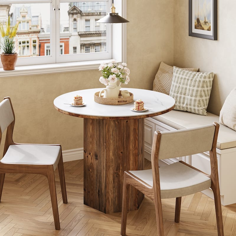 31.5" Round Small Dining Table with Sintered Stone Tabletop and Solid Wood Base - 31.5" D x 31.5" W x 29.5" H