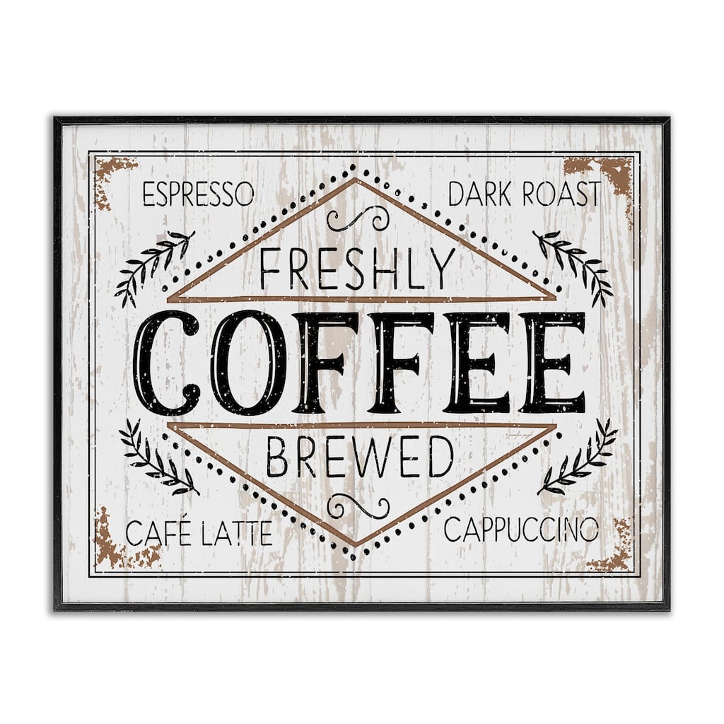 Stupell Rustic Fresh Brew Coffee Sign Autumn Charm Framed Giclee Texturized Art by Jennifer Pugh