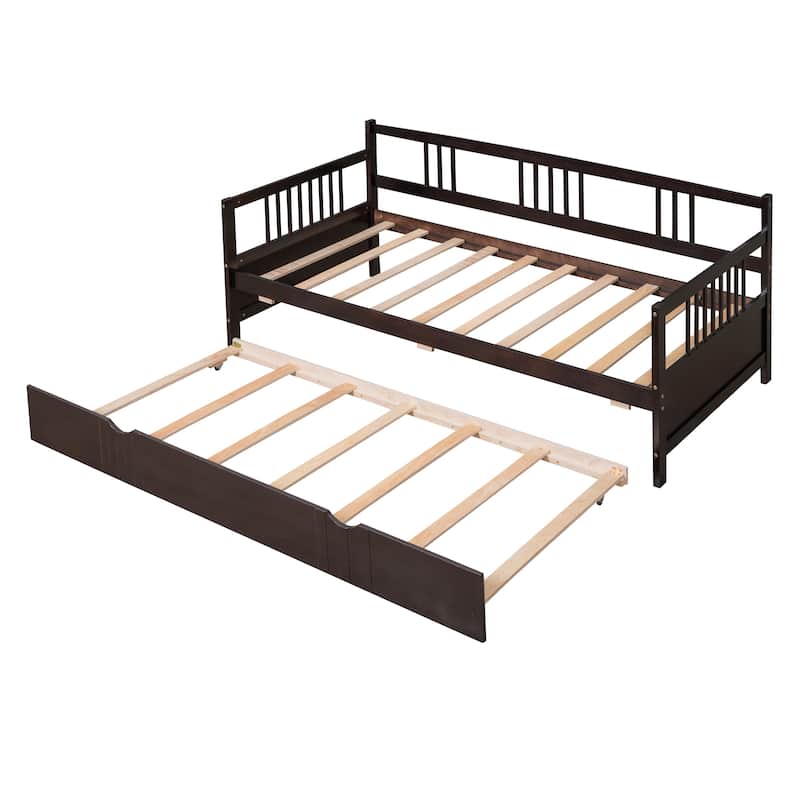Twin Size Platform Bed Wooden Daybed with Pull-Out Trundle, Living Room Trundle Bed Lounge Sleeper Sofa Bed