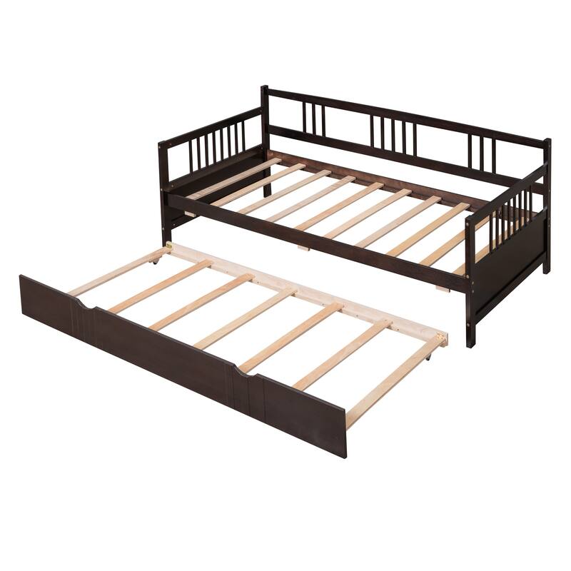 Twin Size Wood Daybed with Trundle, Espresso Finish, Space-Saving Design