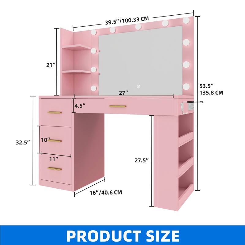 Moasis 40" Makeup Vanity with Mirror and Lighted ,Vanity Table with Power Outlet and 4 Drawers & Storage Shelves