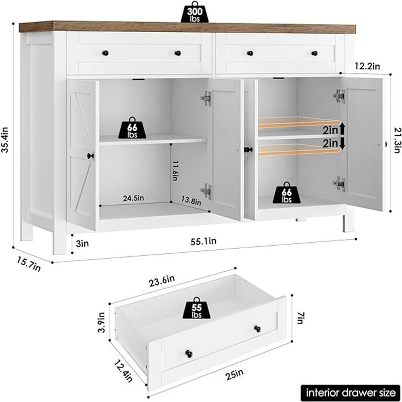 Buffet Sideboard Cabinet - 15.7"D x 55.1"W x 35.4"H