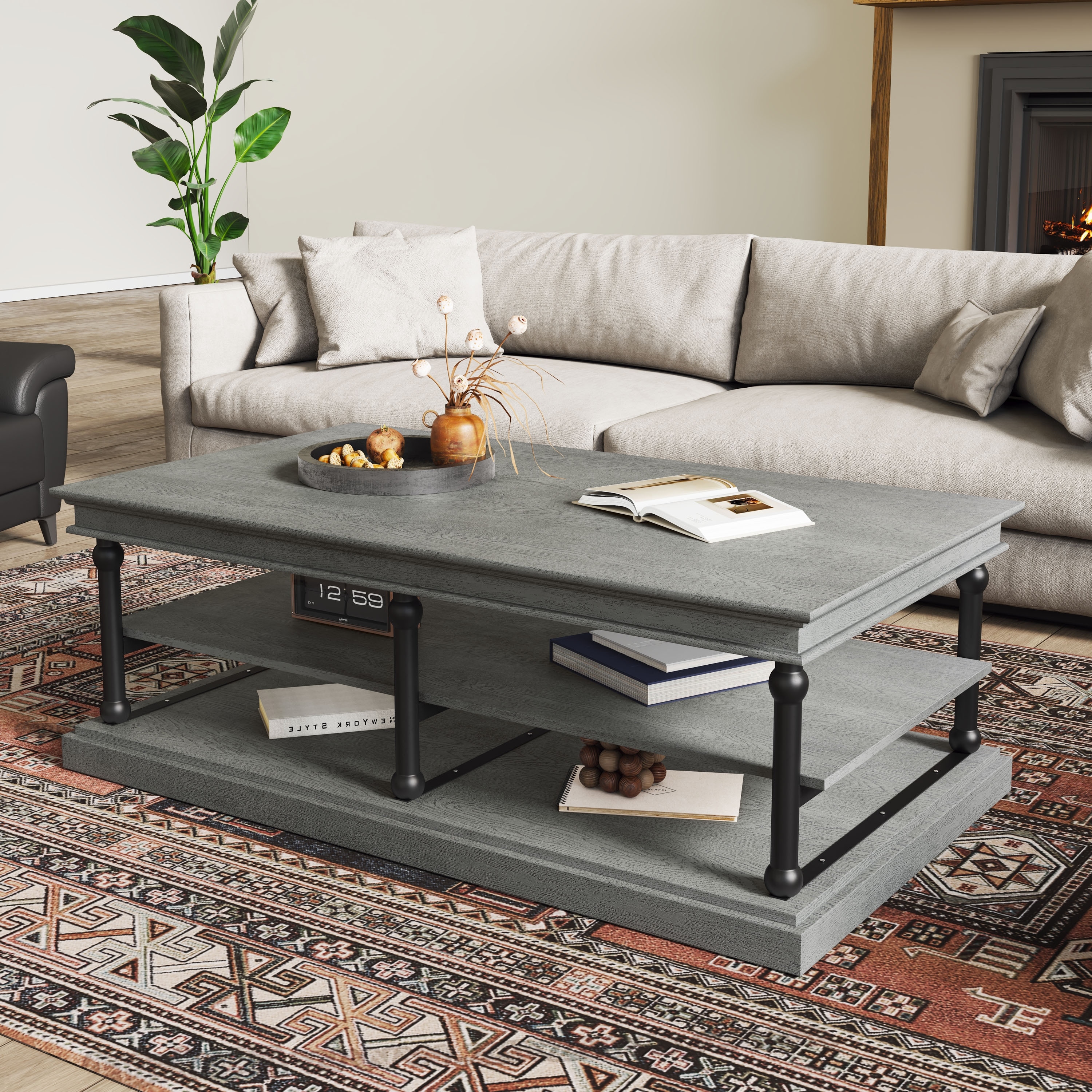 55.1" Wood Coffee Table with Black Legs, 2 Open Storage Shelves, Modern Living Room Table