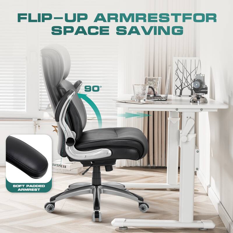 Big & Tall Office Chair 300lbs - Ergonomic High Back with Lumbar Support, Flip-Up Arms & Leather Cushion