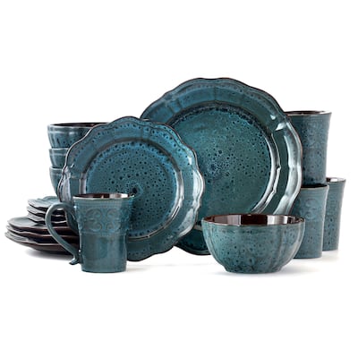 Elama Reactive Ocean 16 Piece Round Stoneware Dinnerware Set in Blue